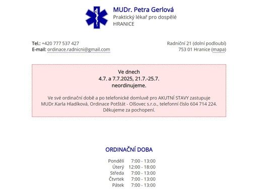 mudr. petra gerlová - praktický lékař pro dospělé hranice, přijímáme nové pacienty.