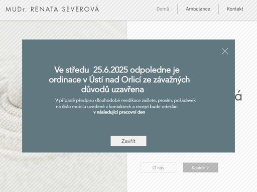 vítejte na webových stránkách ambulance psychiatrie - mudr. renata severová. 
adresa: tvardkova 650, ústí nad orlicí, 562 01