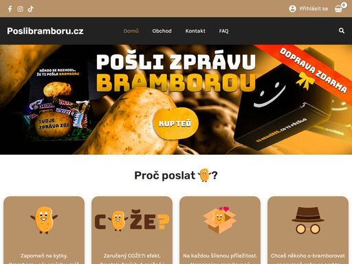 pošli bramboru – protože někdy je brambora nejlepší způsob, jak někomu říct, co máš na srdci. nech to na nás: tvůj vzkaz, naše brambora a překvapení pro příjemce.