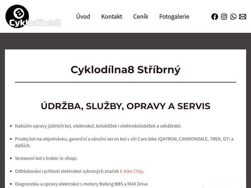 cyklodilna8 v semilech údržba, služby, opravy a servis nabízím opravy jízdních kol, koloběžek a odrážedel. sestavení kol z krabic ( e-shop). odblokování rychlosti elektrokol vybraných značek e-bike chip. diagnostiku a opravy elektrokol s motory bafang bbs a max-drive. výměnu brzdových destiček, špalíků, přezouvání i dofukování kol ( klidně i kočárků ), promazání, čistění řetězů, kazet