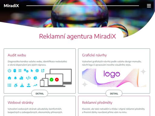 miradix vytváří grafické návrhy (firemní loga, tiskoviny), programuje (webové prezentace, informační systémy), poskytuje marketingové poradenství, dodává reklamní předměty a také vydává knihy.
