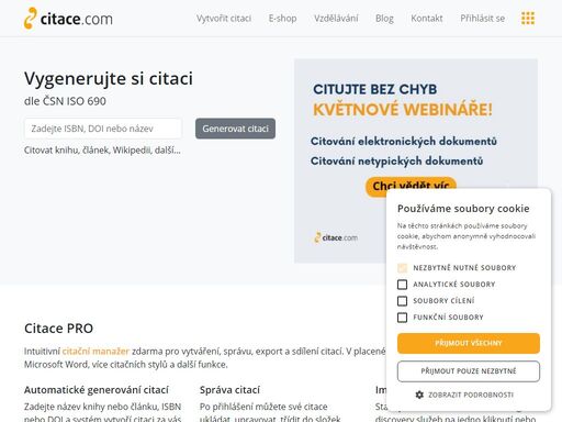 ocitujte knihu, článek, web a další dle nové normy čsn iso 690. zadejte údaje o dokumentu a systém za vás vytvoří správnou citaci. citace si uložte a vyexportujte pro word nebo v pdf.