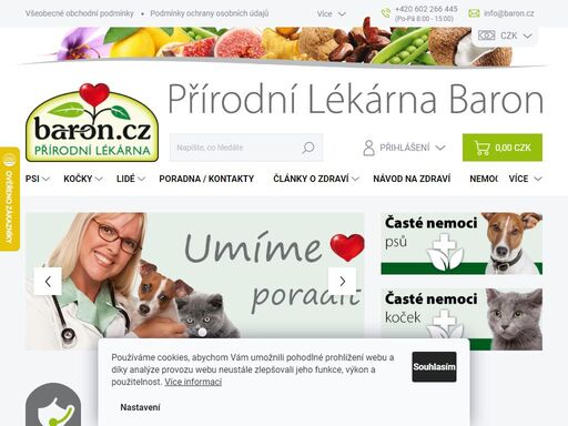 pomáháme psům, kočkám a lidem žít zdravěji. vítejte v přírodní lékárně baron, kterou tvoříme s radostí a láskou. našim posláním je šíření informací o přirozeném zdraví, které čerpáme ze znalostí příčin nemocí. proto nabízíme pouze informace a produkty, které pomáhají žít zdravěji. přejeme pohodový pobyt a získání…