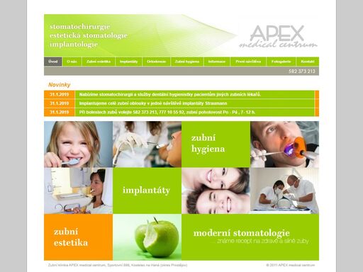 privátní stomatologická klinika apex centrum v olomouckém kraji (sportovní 898, kostelec na hané). tým lékařů je tvořen specialisty v oboru stomatochirurgie, implantologie, estetické stomatologie a ortodoncie. nabízíme vám řešení všech problémů týkající se zubů – zvýšení estetiky chrupu včetně bělení, vyrovnání křivých zubů, náhrady chybějících zubů implantáty nebo keramickými korunkami a můstky, operačního odstranění zubů moudrosti, cyst, zánětů v dutině ústní atd.