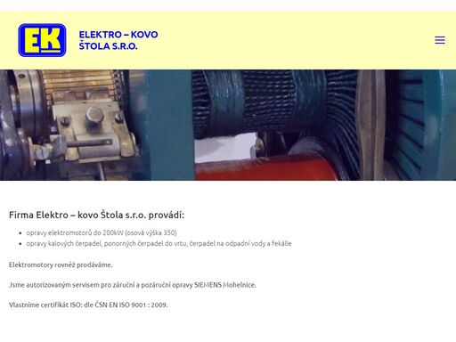 firma elektro – kovo štola s.r.o. provádí prodej a opravy elektromotorů a opravy čerpadel, míchadel, transformátorů, svářecí techniky a ručního nářadí.