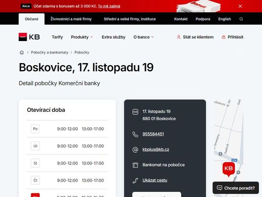 seznam a vyhledávání poboček a bankomatů komerční banky.