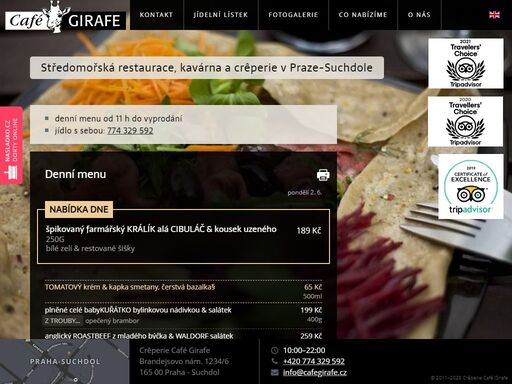 creperie café girafe v praze-suchdole nabízí již přes 15 let mimo jiné prvotřídní středomořskou kuchyni, lahůdky a dorty.