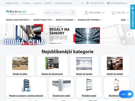 vítejte v obchodě biedrax.cz. vítejte na stránkách obchodu biedrax.cz. dodáváme kovové regály do skladu, kovové regály do garáže nebo do dílny,  dřevěné regály nebo nástěnné regály a mnoho dalších produktů pro firmy, sklady. dílny a domácnosti. nabízíme vám široký sortiment vysoce kvalitní manipulační techniky a…
