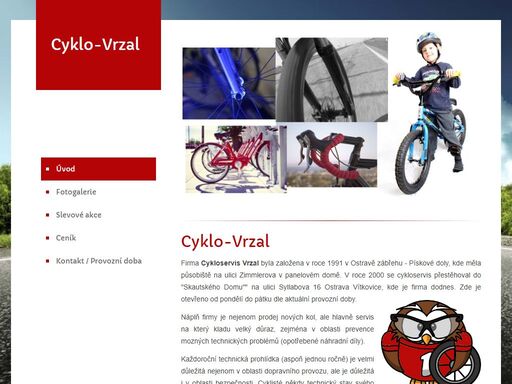 poslání firmy, její historie, seznam prodejen a nabídka cykloservisu.