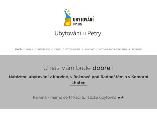 malý bytový dům ve vilové čtvrti v karviné - ubytování u petry  je vhodným místem pro příjemný a klidný pobyt. nacházíme se nedaleko historického centra města i lázní darkov. jsem hrdá na to, že mohu nabídnout čisté a pohodlné ubytování všem našim hostům. návštěvníkům karviné, turistům, rodinám s dětmi, externím studentům univerzity či...