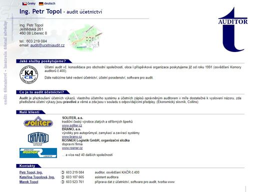 účetní audit vč. konsolidace pro obchodní společnosti, obce i příspěvkové organizace poskytujeme již od roku 1991 (osvědčení komory auditorů č.400). dále nabízíme také vedení účetnictví, účetní poradenství, software pro audit.
