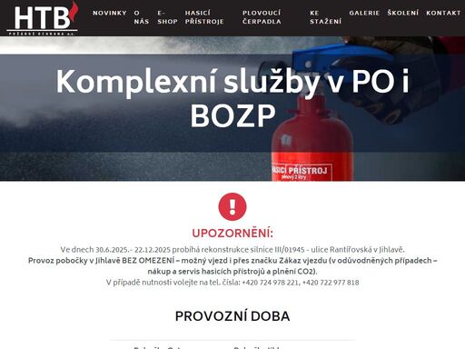 zajišťujeme komplexní služby v po i bozp, kontroly požárních vodovodů, kontroly požárních klapek
periodické kontroly a zkoušky tlakových láhví a svazků, revize tlakových nádob stabilních, kontrolu stabilních a polostabilních 
hasicích zařízení, údržbu, včetně nového plnění a opravy hasicích přístrojů, požárních vodovodů i požárních klapek, požárních dveří
