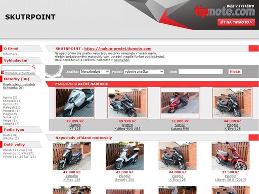 tipmoto.com zprostředkovává prodej motorek a čtyřkolek od motofirem tisícovkám zákazníků z celé republiky. motobazar obsahuje všechny informace o prodávaných strojích i fotky motorek.