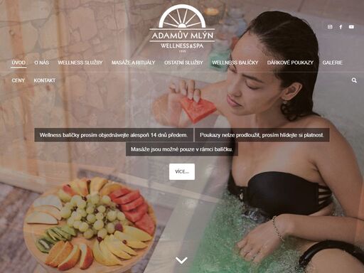 nabídka - kombinovaná sauna, hydromasážní vana, ochlazování a přírodní koupání v náhonu mlýna - masáže, procedury, terapie, spa rituály, přírodní kosmetika