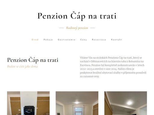 vítáme vás na stránkách penzionu čáp na trati, který se nachází v dětmarovicích na hlavním tahu z bohumína na karvinou. penzion byl kompletně zrekonstruován v letech 2022-2023 a otevřen v roce 2024. naším cílem je poskytovat kvalitní ubytovací služby v příjemném prostředí za rozumné ceny.