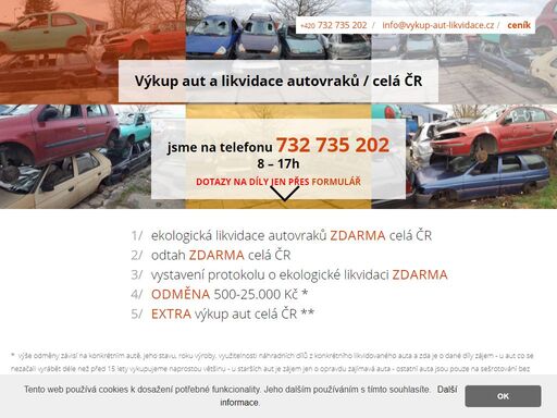 výkup aut a ekologická likvidace autovraků celá čr - likvidace autovraků zdarma, odtah vždy zdarma, garance vystavení protokolu a odměna 500 - 25.000 kč - prodej náhradních dílů na všechny vozy