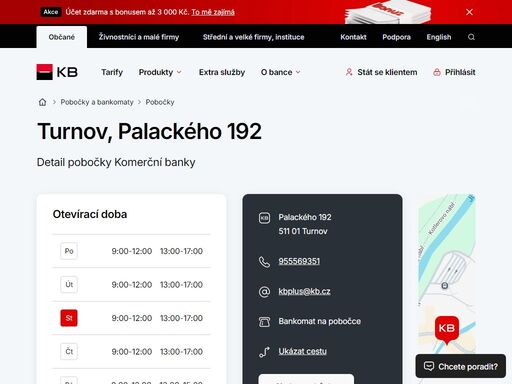 seznam a vyhledávání poboček a bankomatů komerční banky.