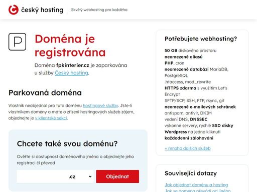 doména fpkinterier.cz je parkována u služby český hosting. vlastník k doméně neobjednal hostingové služby.