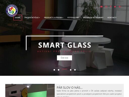 speciální projekční a smartglass fólie, projektory, video a led stěny, monitory a výroba interaktivních dotykových stolů.