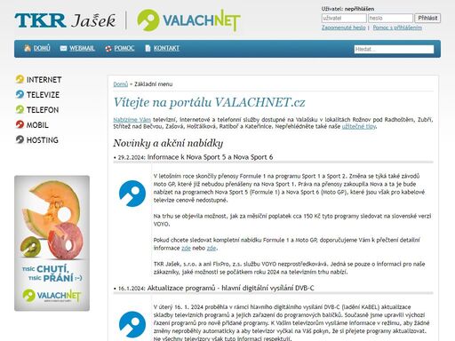 síť valachnet.cz vám nabízí televizní, internetové a telefonní služby dostupné na valašsku v lokalitách rožnov pod radhoštěm, zubří, střítež nad bečvou, zašová, hošťálková, ratiboř a kateřinice.