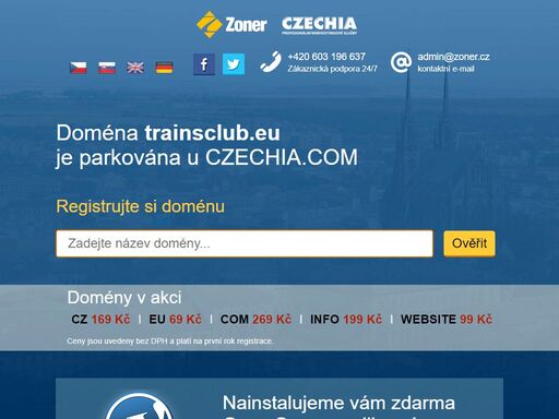 naši doménu trainsclub.eu spravuje registrátor regzone.cz na profesionálním hostingu od czechia.com. využijte jejich služeb stejně jako my a získáte skvělou parkovací stránku, špičkové technologické zázemí, nonstop podporu a mnoho dalších výhod.