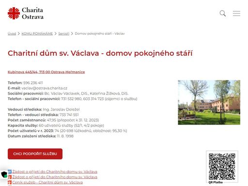 charitní dům svatého václava v ostravě - heřmanicích je pobytové zařízení sociálních služeb pro seniory provozované charitou ostrava. 