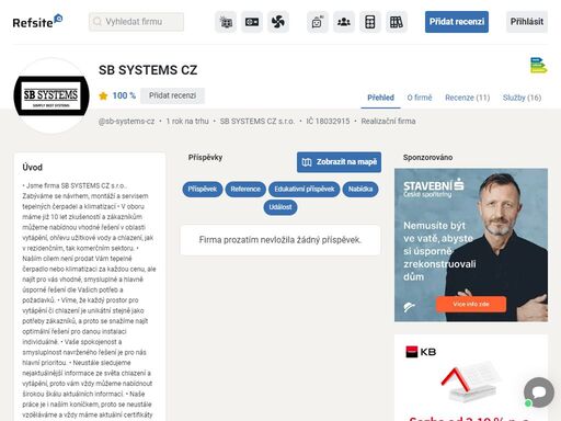 profil firmy sb systems cz. firma působí s momentálním ověřeným hodnocením 100% a má celkem 10 ověřených recenzí na refsite.