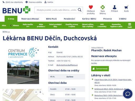 ?lékárna benu je pro vás otevřena ve všední dny 7:00 - 18:00 a v sobotu 8:00-12:00. na návštěvu se těší zkušený personál v čele s lékárnicí evou.?