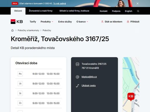 seznam a vyhledávání poboček a bankomatů komerční banky.