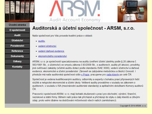 úvodní stránka firmy arsm, s.r.o., která nabízí služby v oblasti auditu, vedení účetnictví, vedení daňové evidence a ekonomického poradenství. 