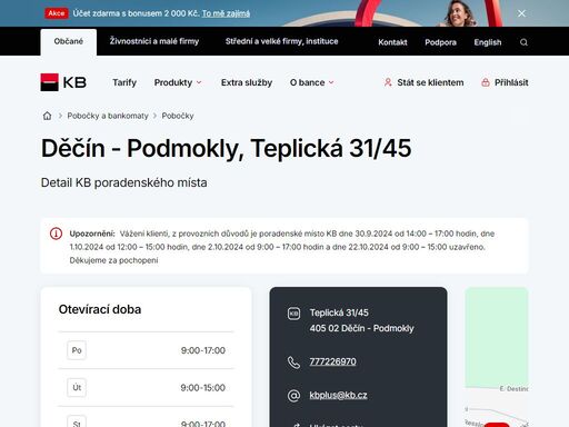 seznam a vyhledávání poboček a bankomatů komerční banky.