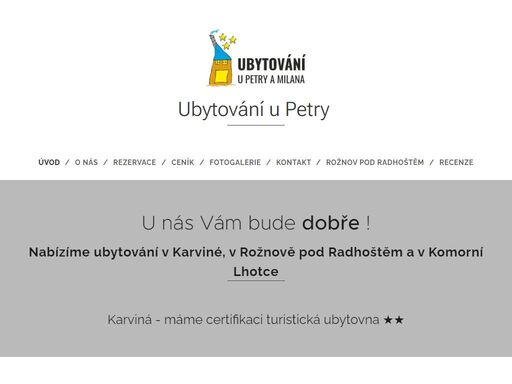 malý bytový dům ve vilové čtvrti v karviné - ubytování u petry a milana je vhodným místem pro příjemný a klidný pobyt. nacházíme se nedaleko historického centra města i lázní darkov. jsme hrdí na to, že můžeme nabídnout čisté a pohodlné ubytování všem našim hostům. návštěvníkům karviné, turistům, rodinám s dětmi, externím studentům univerzity či...