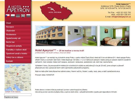hotel apeyron*** se nachází na východním okraji prahy v centru města český brod, které leží 5 km od dálnice d11, která spojuje prahu, střední čechy a výcho