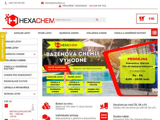prodej a výroba chemikálií. hexa chem s.r.o. je společnost specializující se na distribuci chemikálií. naše služby jsou navrženy tak, aby uspokojily potřeby velkých i malých subjektů v chemickém průmyslu, laboratořích i domácnostech. důkladně zkoumáme potřeby našich zákazníků, což nás motivuje k pružnému rozšíření…