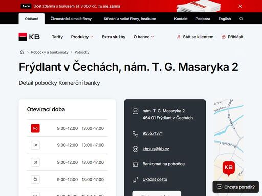 seznam a vyhledávání poboček a bankomatů komerční banky.