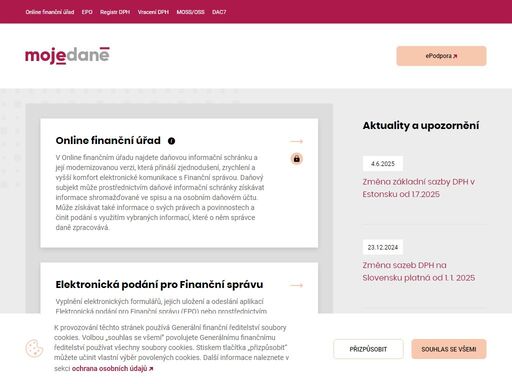 portál moje daně. online finanční úřad, s jehož pomocí si vyřídíte daňové povinnosti, odkud budete chtít. velký důraz klademe na bezpečné moderní přihlášení a uživatelsky přívětivé prostředí, ve kterém uvidíte například přehled aktuálních plateb i jejich historii. daňová přiznání podávaná elektronicky se automaticky částečně předvyplní.