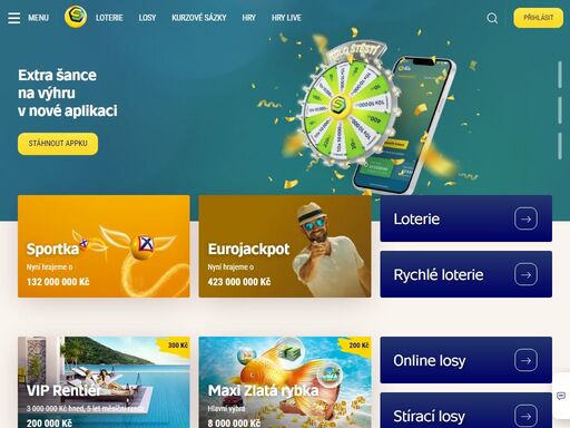 zahrajte si nejoblíbenější loterie a losy v Česku. Štěstí vám přináší 9 loterií, přes 20 online losů, desítky stíracích losů a kurzové sázení. navíc vás čekají bonusy, zábavné soutěže a online hry.