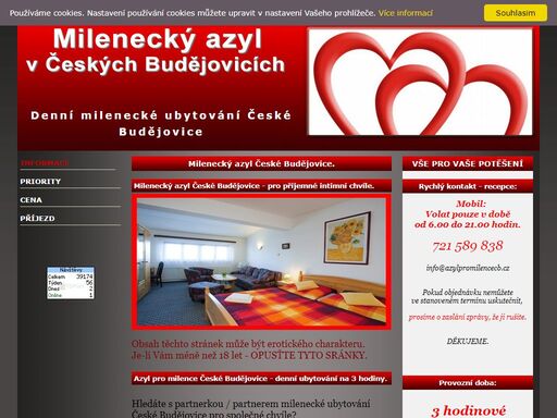 milenecký azyl české budějovice nabízí pro zamilované 3 hodinové denní ubytování v azylu pro milence, v době od 9.00 do 15 hodin, diskrétní uzavřené parkování zdarma.
