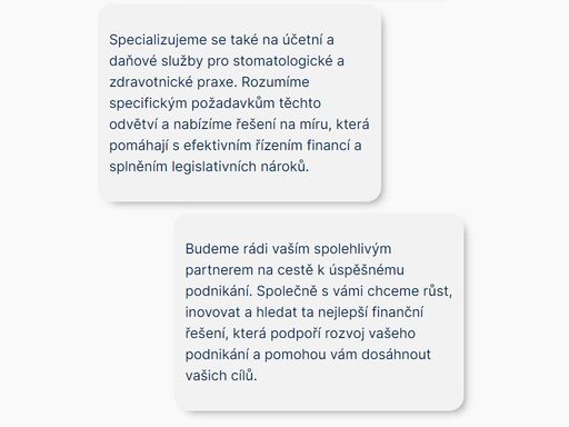 poskytujeme komplexní služby v oblasti podnikových financí, zaměřené na vedení účetnictví, daňové poradenství, správu mezd, personalistiku, start podnikání a reporting.díky naší orientaci v aktuální legislativě a moderním nástrojům pomáháme firmám snížit administrativní zátěž a zajistit bezproblémový chod financí.