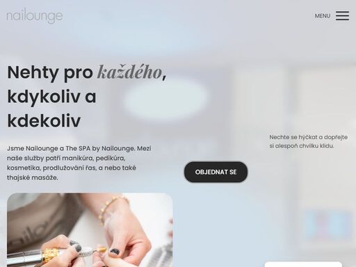 jsme nailounge a the spa by nailounge. mezi naše služby patří manikúra, pedikúra, kosmetika, prodlužování řas, a nebo také thajské masáže.