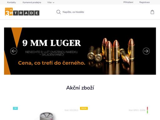 vítejte v našem obchodě. společnost 3w trade s.r.o. se zabývá prodejem zbraní, střeliva, doplňků ke zbraním a oblečením pro myslivost a outdoor. 