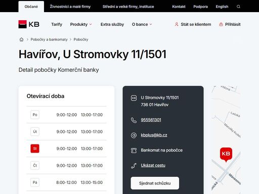 seznam a vyhledávání poboček a bankomatů komerční banky.
