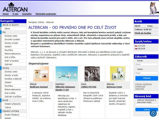 hlavní strana eshopu altercan. v životě každého zvířete může nastat situace, kdy ani kompletní krmivo nestačí pokrýt zvýšené nároky organismu na přísun živin, minerálních látek, vitamínů a stopových prvků, a kdy ani běžná kosmetika nestačí pro péči o kůži, uši a oči.