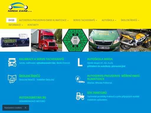společnost, která má v nabídce servis tachografů, vyhodnocování jejich dat, měření emisí, stk traktorů. zajišťuje autoškolu skupin a, a1 a a2 pro motocykly, skupiny b pro vozidla a školení řidičů profesionálů a řidičů referentů.