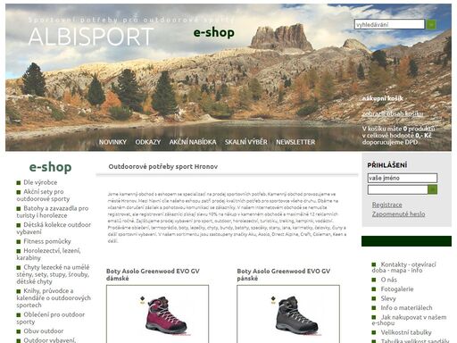 outdoor shop albisport s vybavením pro turistiku, hory, horolezectví, trekking, kempink, vodu, chyty, batohy, stany, chyty. 