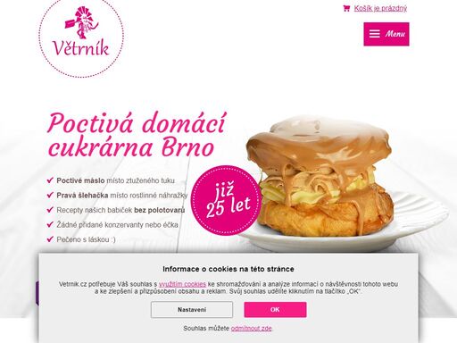 poctivá domácí cukrárna brno s tradicí 21 let, si zakládá na vlastní výrobě a kvalitě! cukrárna větrník byla vyhlášena nejlepší cukrárnou v brně.