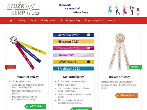vyrábíme maturitní stužky a šerpy, svatební šerpy nebo šerpy na rozlučku. snadná objednávka pomocí interaktivního konfigurátoru.