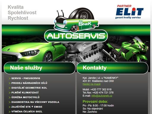 autoservis šnek - servis - pneuservis, prodej náhradních dílů, difitální geometrie kol, plnění klimatizací, údržba motocyklů, diagnostika na všechny vozidla, zajištění stk + emise, výměna čelních skel, zajištění pojistných událostí