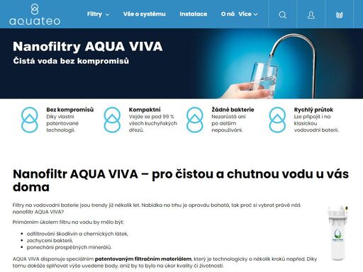 patentovaný nanofiltr aqua viva od české společnosti art carbon čistí kohoutkovou vodu pomocí nanotechnologie, která zaručí nejčistší vodu bez kontaminantů, dokonalou chuť, komfortní průtok při zachování minerálních látek. zároveň, a to je důležité, nezarůstá bakteriemi a viry.