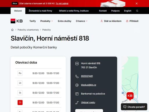 seznam a vyhledávání poboček a bankomatů komerční banky.